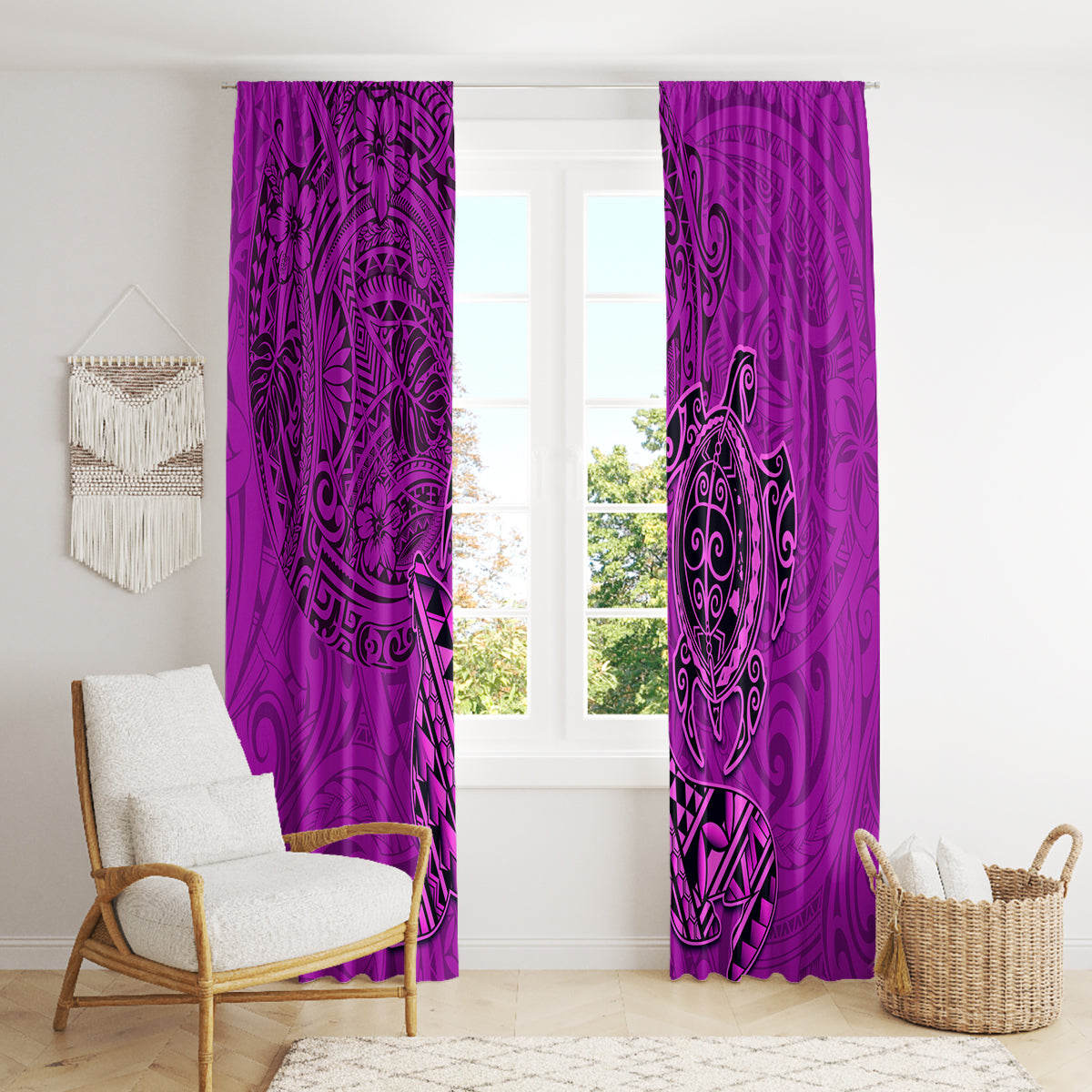 Hawaii Monk Seal and Dolphin Window Curtain Polynesian Kakau Pattern Pink LT03 - Polynesian Pride