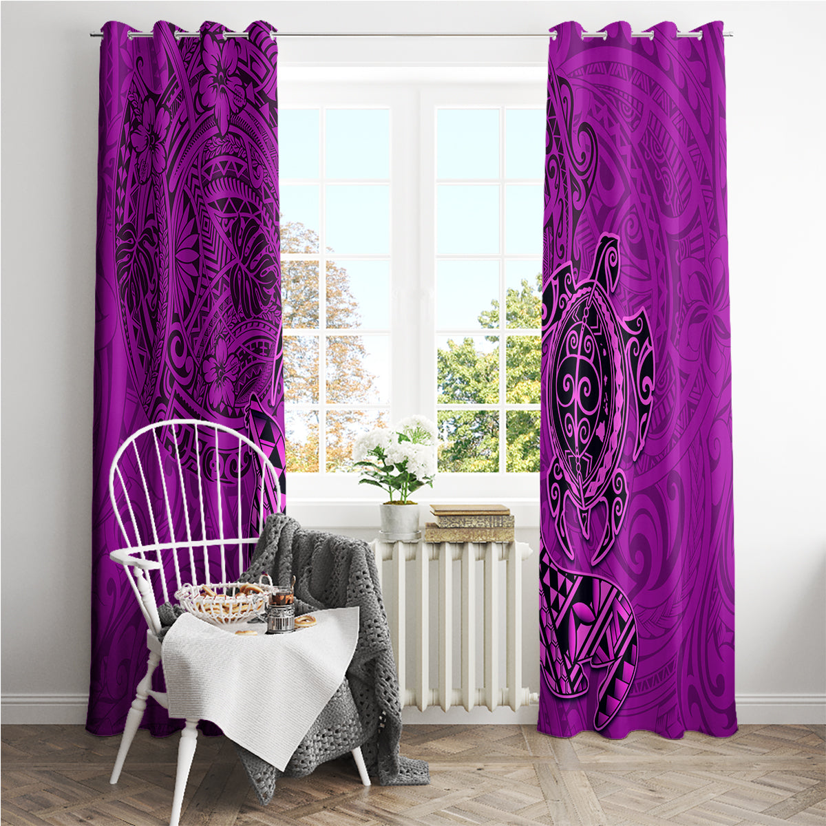 Hawaii Monk Seal and Dolphin Window Curtain Polynesian Kakau Pattern Pink LT03 - Polynesian Pride