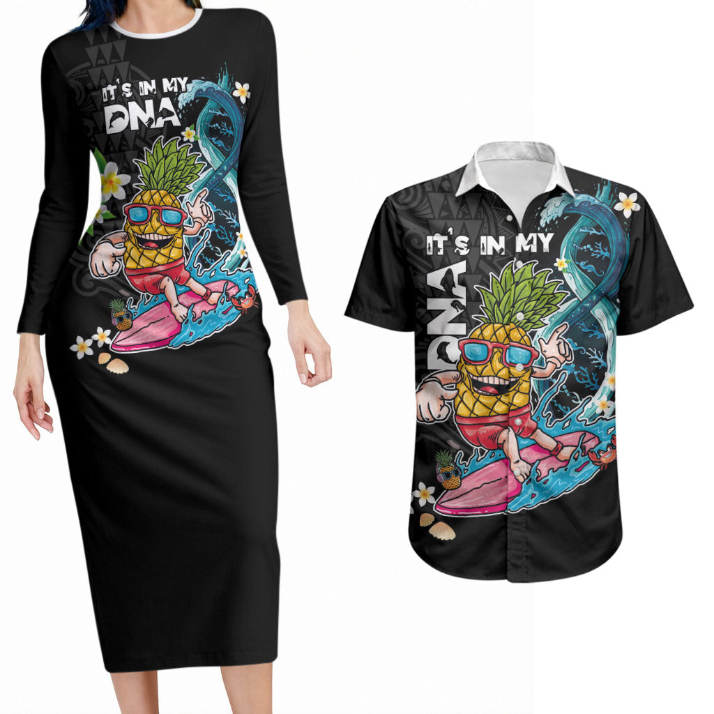 Hawaii Pineapple Surfing Couples Matching Long Sleeve Bodycon Dress and Hawaiian Shirt It's in My DNA - Kakau and Polynesian Pattern LT03 Black - Polynesian Pride