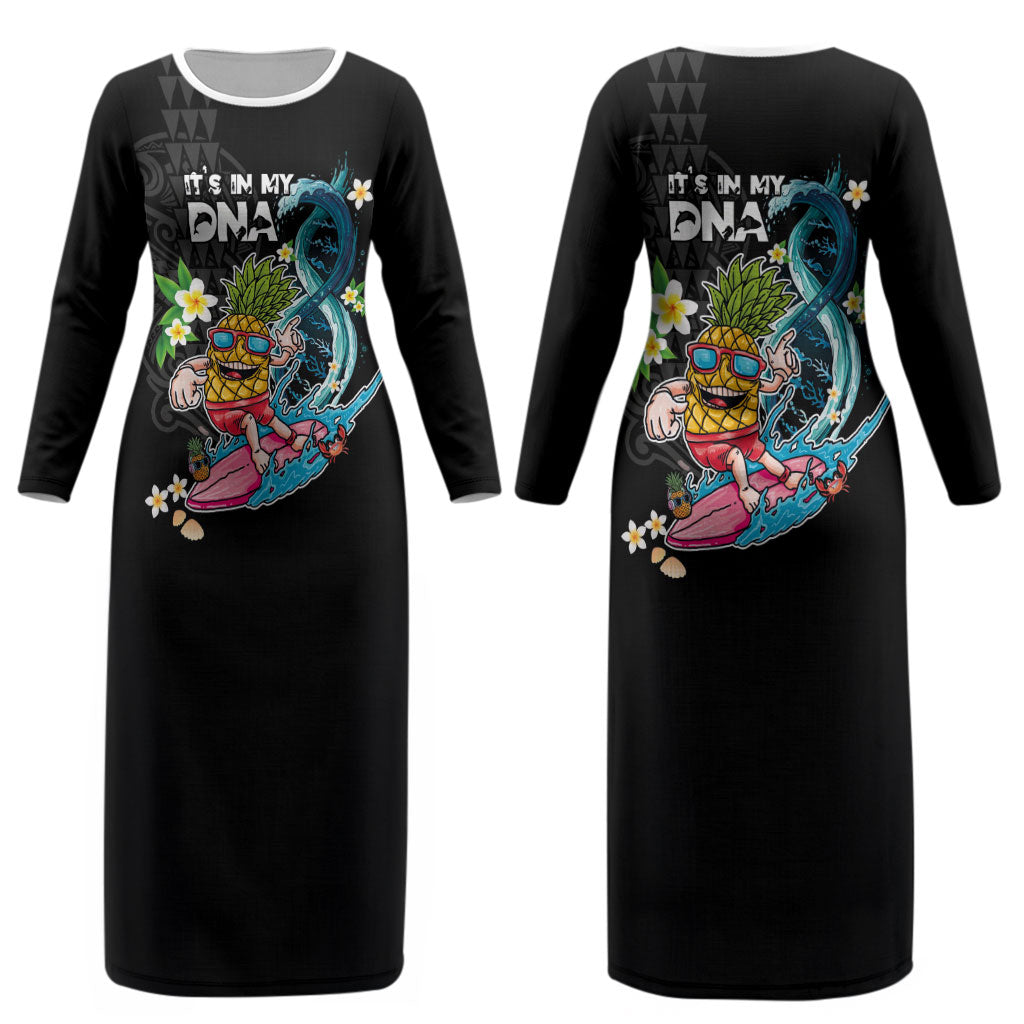 Hawaii Pineapple Surfing Couples Matching Long Sleeve Bodycon Dress and Hawaiian Shirt It's in My DNA - Kakau and Polynesian Pattern LT03 - Polynesian Pride