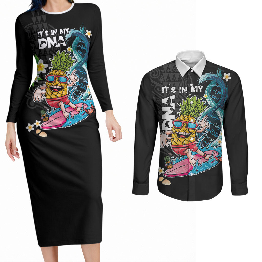 Hawaii Pineapple Surfing Couples Matching Long Sleeve Bodycon Dress and Long Sleeve Button Shirt It's in My DNA - Kakau and Polynesian Pattern LT03 Black - Polynesian Pride