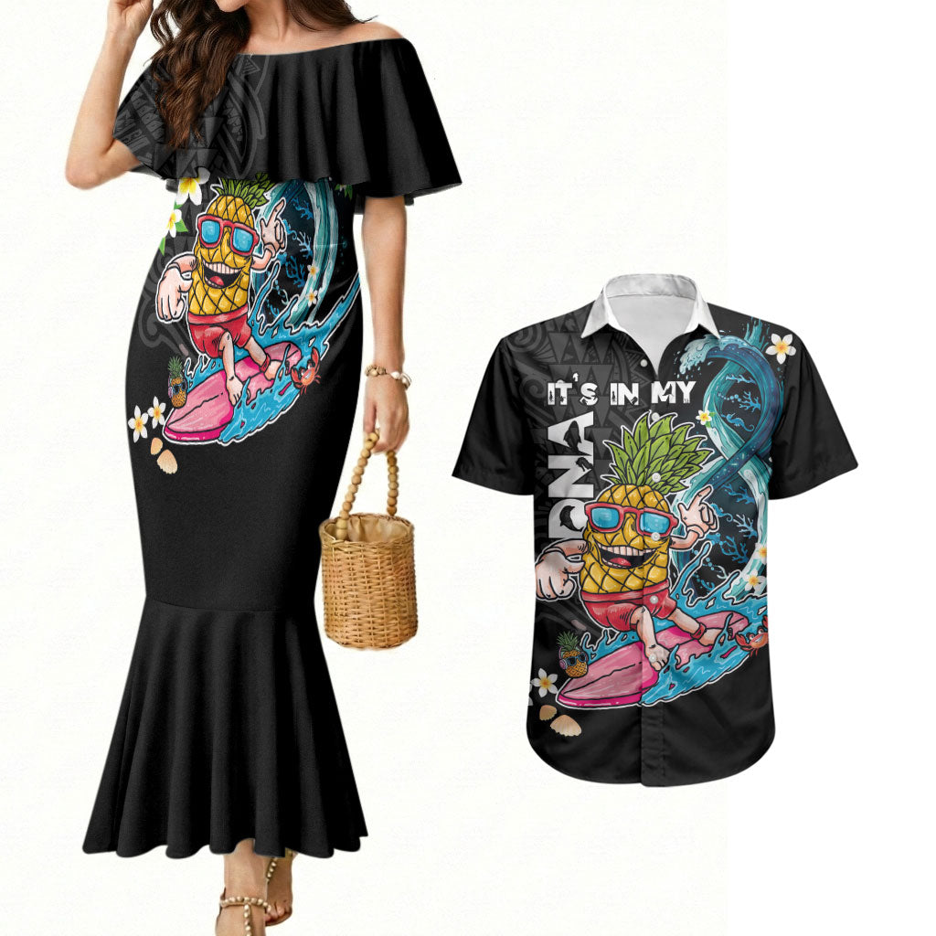 Hawaii Pineapple Surfing Couples Matching Mermaid Dress and Hawaiian Shirt It's in My DNA - Kakau and Polynesian Pattern LT03 Black - Polynesian Pride