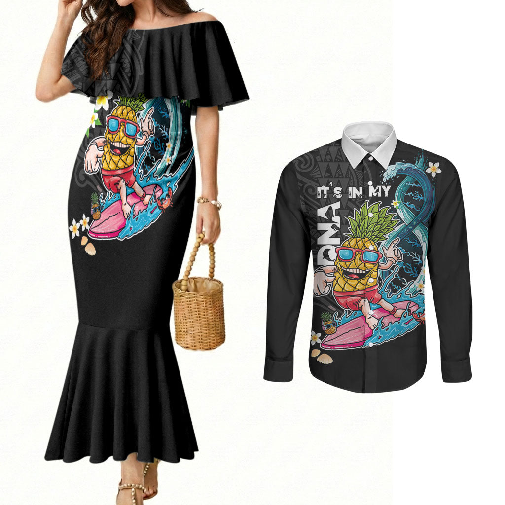 Hawaii Pineapple Surfing Couples Matching Mermaid Dress and Long Sleeve Button Shirt It's in My DNA - Kakau and Polynesian Pattern LT03 Black - Polynesian Pride