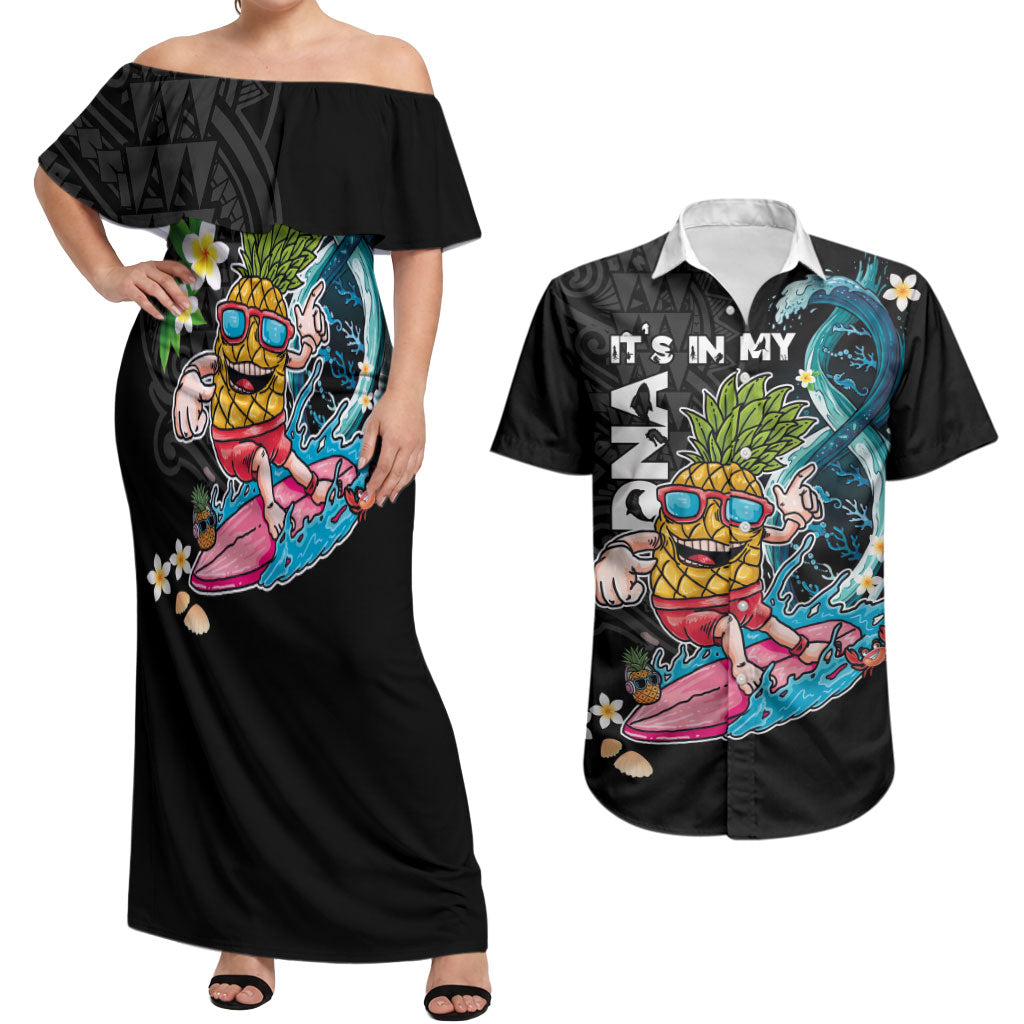 Hawaii Pineapple Surfing Couples Matching Off Shoulder Maxi Dress and Hawaiian Shirt It's in My DNA - Kakau and Polynesian Pattern LT03 Black - Polynesian Pride