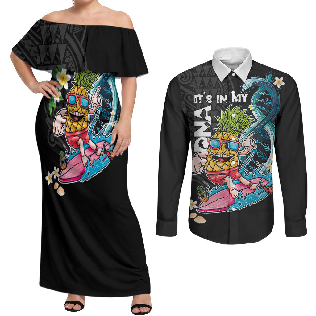 Hawaii Pineapple Surfing Couples Matching Off Shoulder Maxi Dress and Long Sleeve Button Shirt It's in My DNA - Kakau and Polynesian Pattern LT03 Black - Polynesian Pride