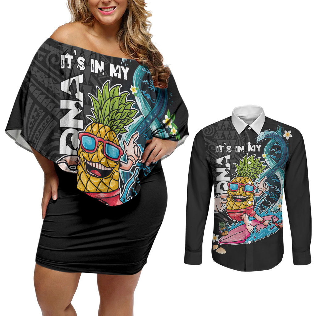 Hawaii Pineapple Surfing Couples Matching Off Shoulder Short Dress and Long Sleeve Button Shirt It's in My DNA - Kakau and Polynesian Pattern LT03 Black - Polynesian Pride