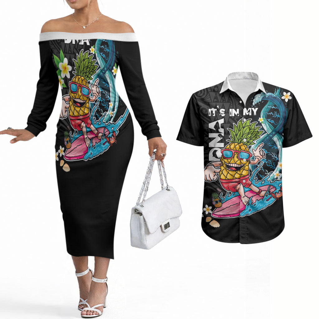 Hawaii Pineapple Surfing Couples Matching Off The Shoulder Long Sleeve Dress and Hawaiian Shirt It's in My DNA - Kakau and Polynesian Pattern LT03 Black - Polynesian Pride