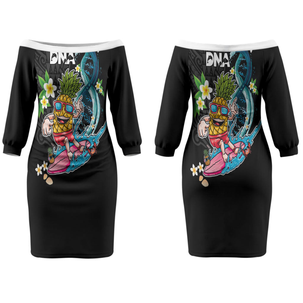 Hawaii Pineapple Surfing Couples Matching Off The Shoulder Long Sleeve Dress and Hawaiian Shirt It's in My DNA - Kakau and Polynesian Pattern LT03 - Polynesian Pride
