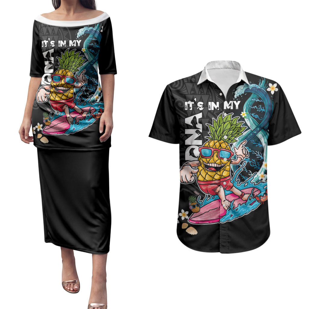 Hawaii Pineapple Surfing Couples Matching Puletasi and Hawaiian Shirt It's in My DNA - Kakau and Polynesian Pattern LT03 Black - Polynesian Pride