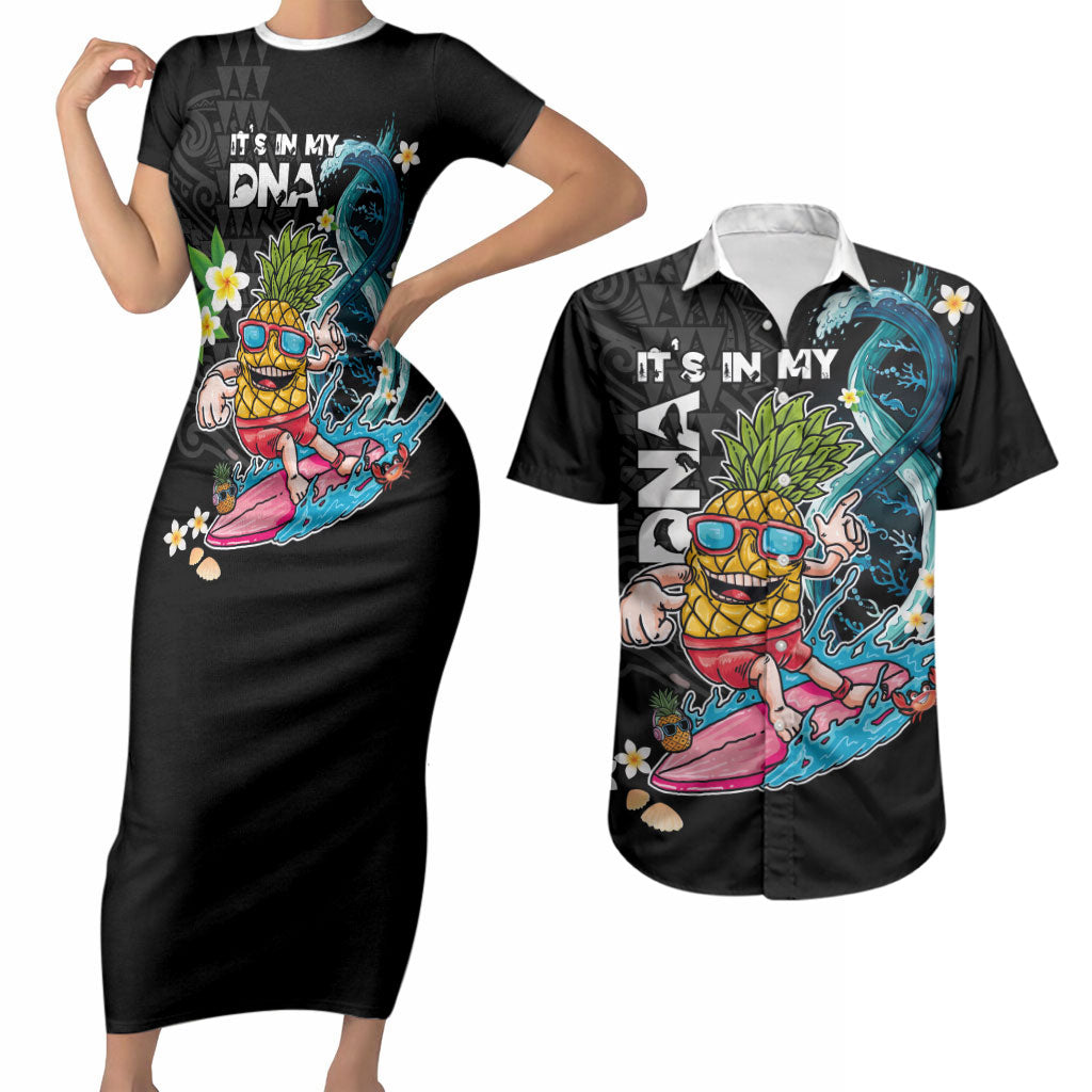 Hawaii Pineapple Surfing Couples Matching Short Sleeve Bodycon Dress and Hawaiian Shirt It's in My DNA - Kakau and Polynesian Pattern LT03 Black - Polynesian Pride