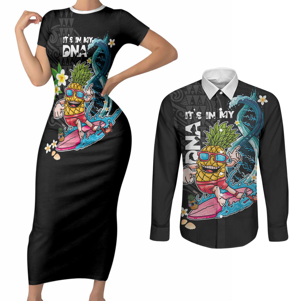 Hawaii Pineapple Surfing Couples Matching Short Sleeve Bodycon Dress and Long Sleeve Button Shirt It's in My DNA - Kakau and Polynesian Pattern LT03 Black - Polynesian Pride