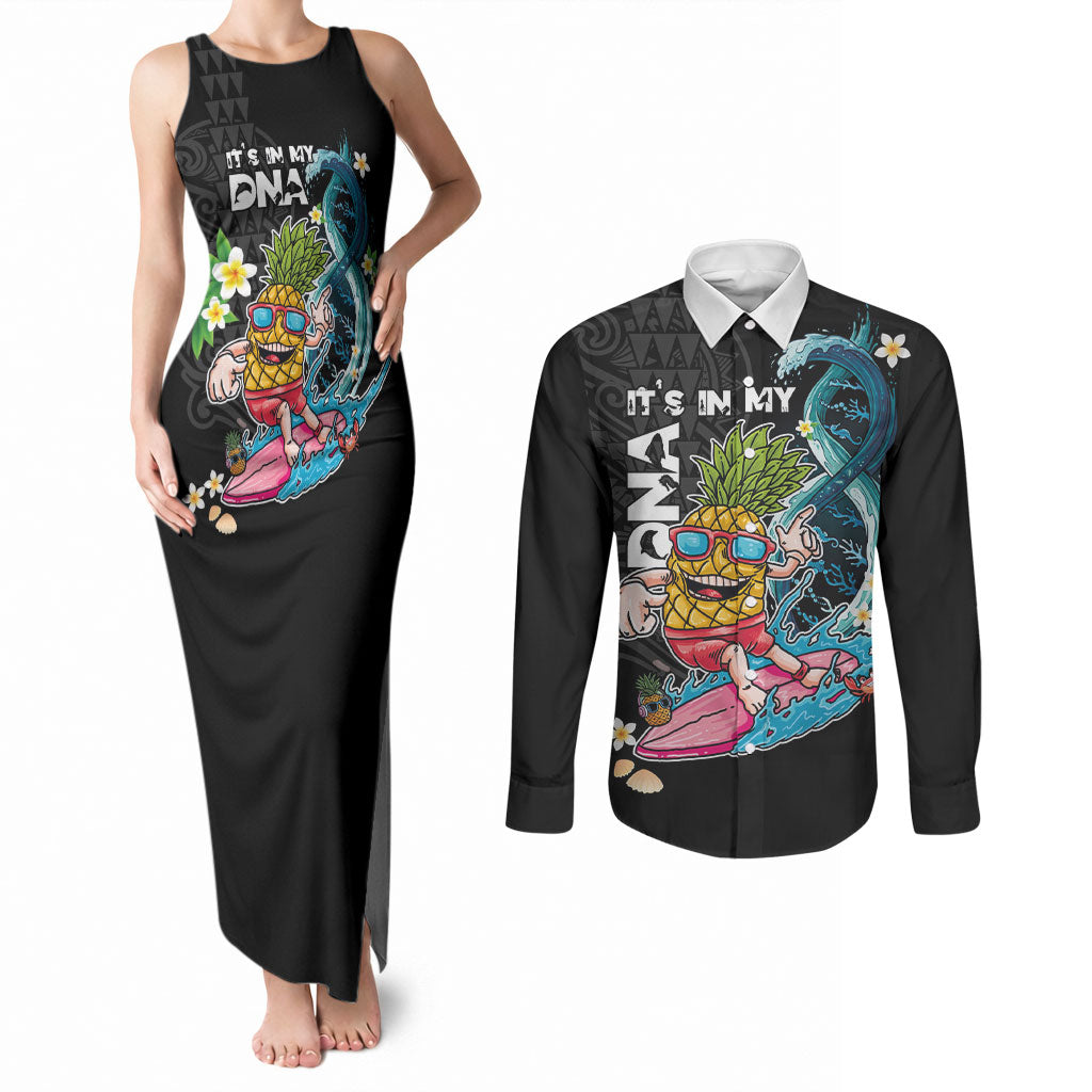 Hawaii Pineapple Surfing Couples Matching Tank Maxi Dress and Long Sleeve Button Shirt It's in My DNA - Kakau and Polynesian Pattern LT03 Black - Polynesian Pride