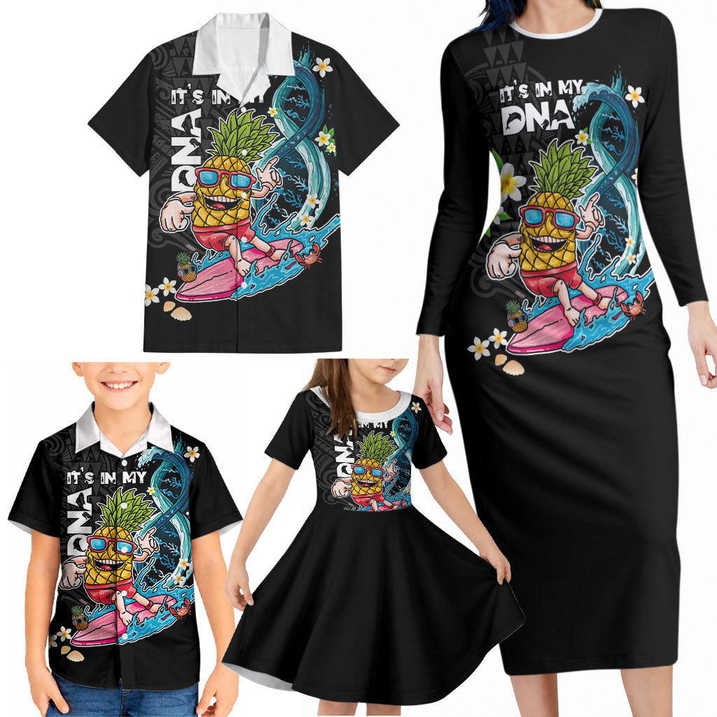 Hawaii Pineapple Surfing Family Matching Long Sleeve Bodycon Dress and Hawaiian Shirt It's in My DNA - Kakau and Polynesian Pattern LT03 - Polynesian Pride