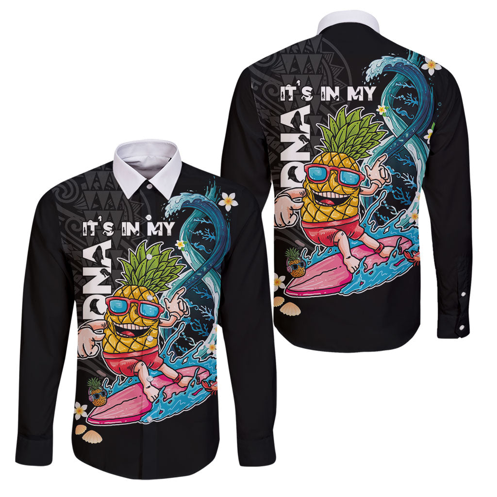 Hawaii Pineapple Surfing Family Matching Long Sleeve Bodycon Dress and Hawaiian Shirt It's in My DNA - Kakau and Polynesian Pattern LT03 Dad's Shirt - Long Sleeve Black - Polynesian Pride