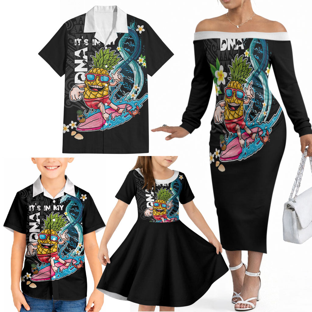 Hawaii Pineapple Surfing Family Matching Off The Shoulder Long Sleeve Dress and Hawaiian Shirt It's in My DNA - Kakau and Polynesian Pattern LT03 - Polynesian Pride