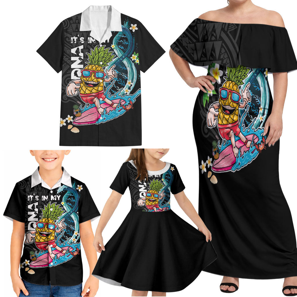 Hawaii Pineapple Surfing Family Matching Off Shoulder Maxi Dress and Hawaiian Shirt It's in My DNA - Kakau and Polynesian Pattern LT03 - Polynesian Pride