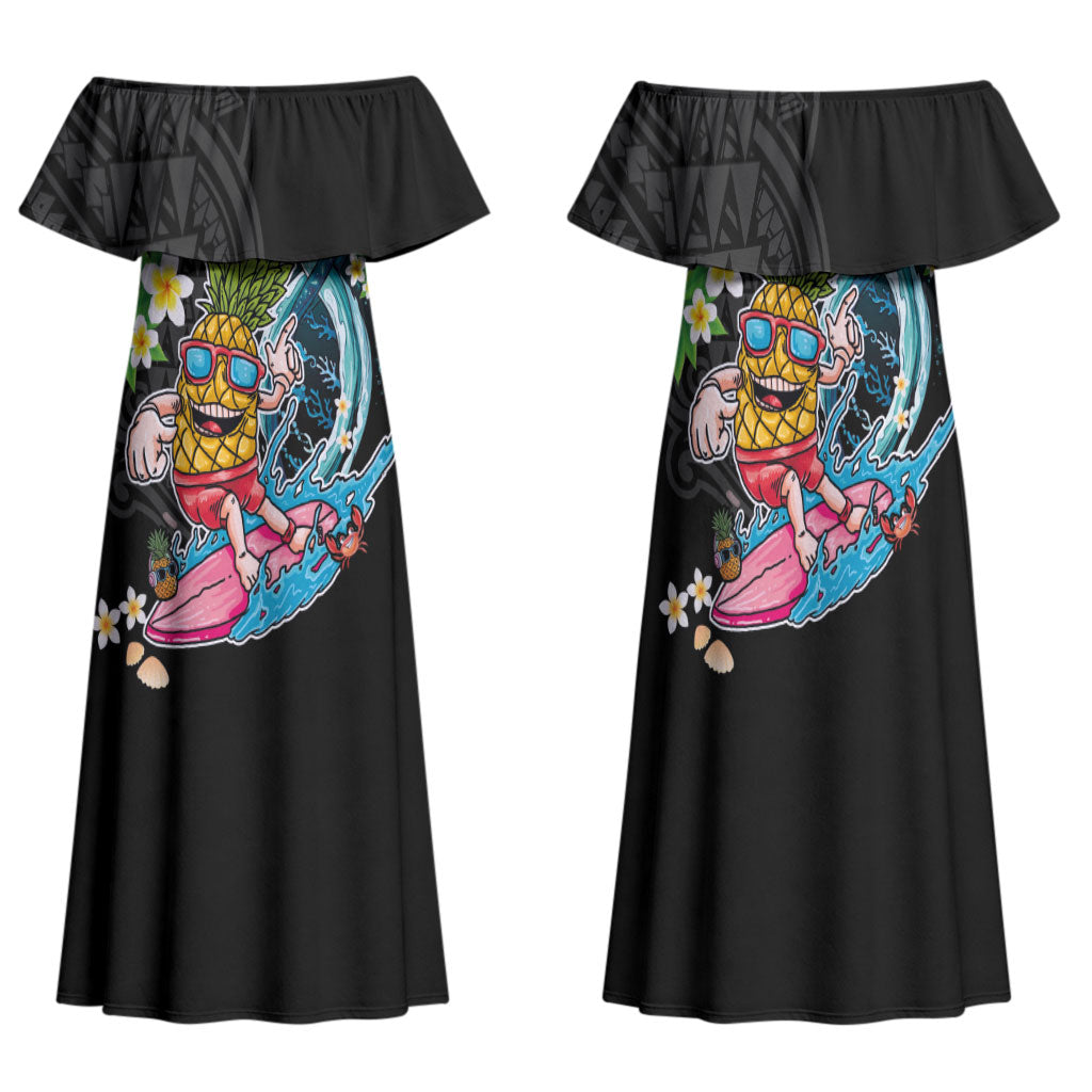 Hawaii Pineapple Surfing Family Matching Off Shoulder Maxi Dress and Hawaiian Shirt It's in My DNA - Kakau and Polynesian Pattern LT03 Mom's Dress Black - Polynesian Pride