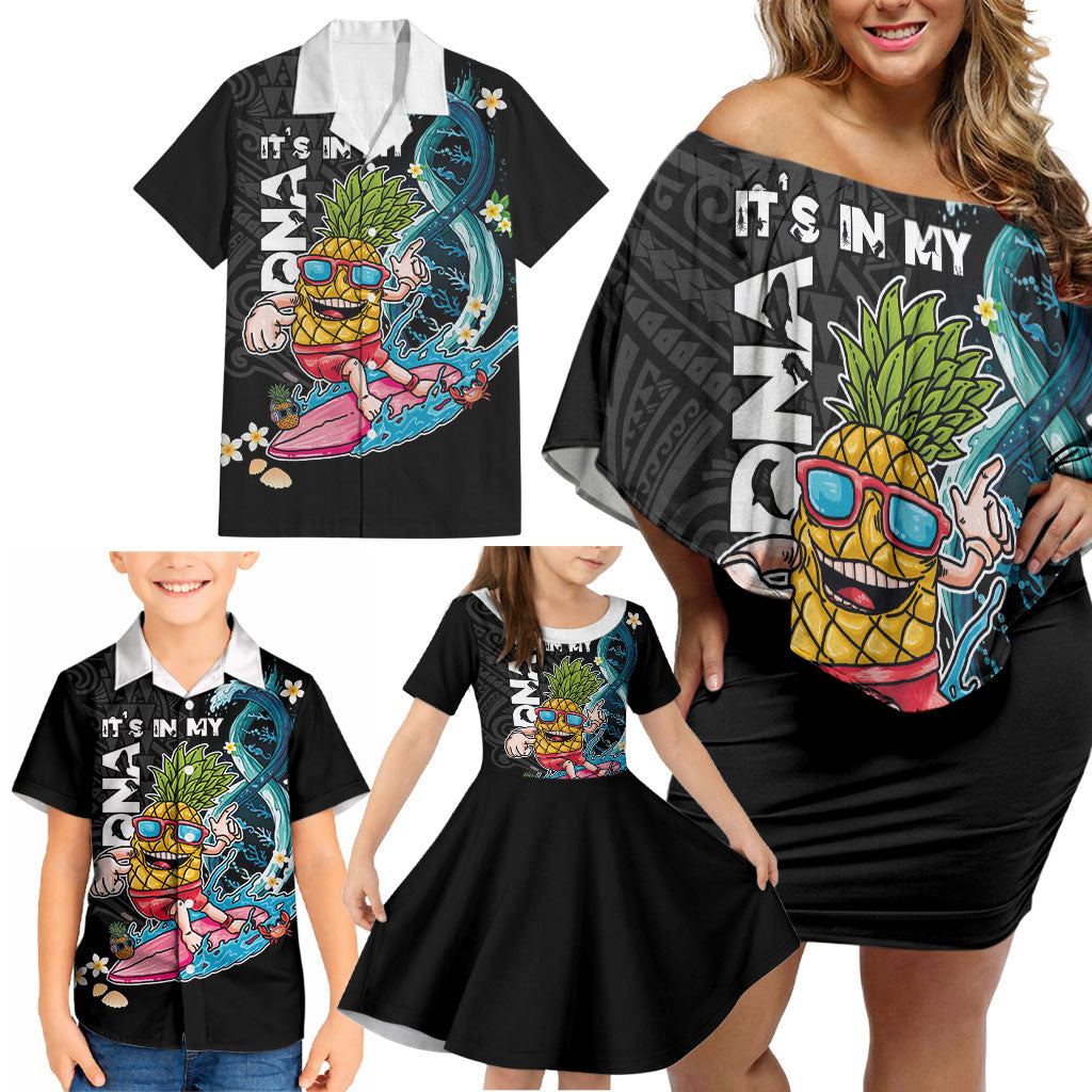 Hawaii Pineapple Surfing Family Matching Off Shoulder Short Dress and Hawaiian Shirt It's in My DNA - Kakau and Polynesian Pattern LT03 - Polynesian Pride