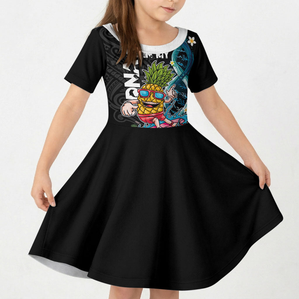 Hawaii Pineapple Surfing Kid Short Sleeve Dress It's in My DNA - Kakau and Polynesian Pattern LT03 KID Black - Polynesian Pride