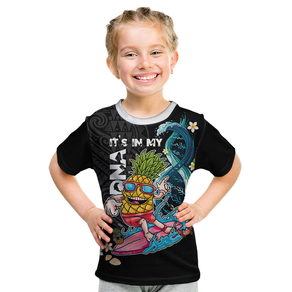 Hawaii Pineapple Surfing Kid T Shirt It's in My DNA - Kakau and Polynesian Pattern LT03 Black - Polynesian Pride
