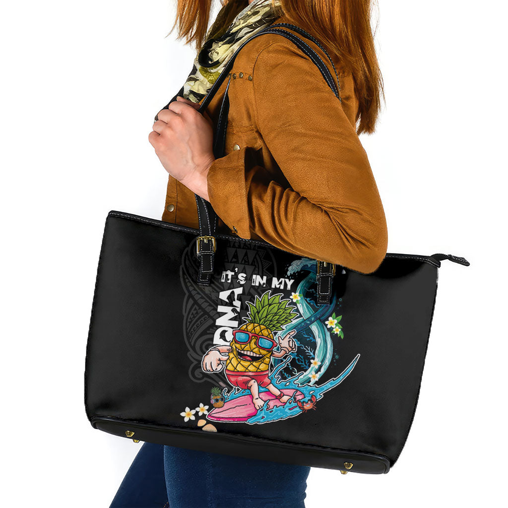 Hawaii Pineapple Surfing Leather Tote Bag It's in My DNA - Kakau and Polynesian Pattern LT03 Black - Polynesian Pride