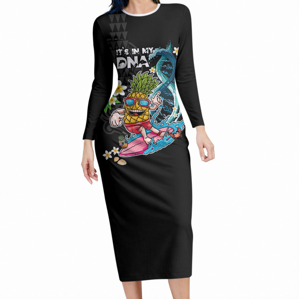 Hawaii Pineapple Surfing Long Sleeve Bodycon Dress It's in My DNA - Kakau and Polynesian Pattern LT03 Long Dress Black - Polynesian Pride