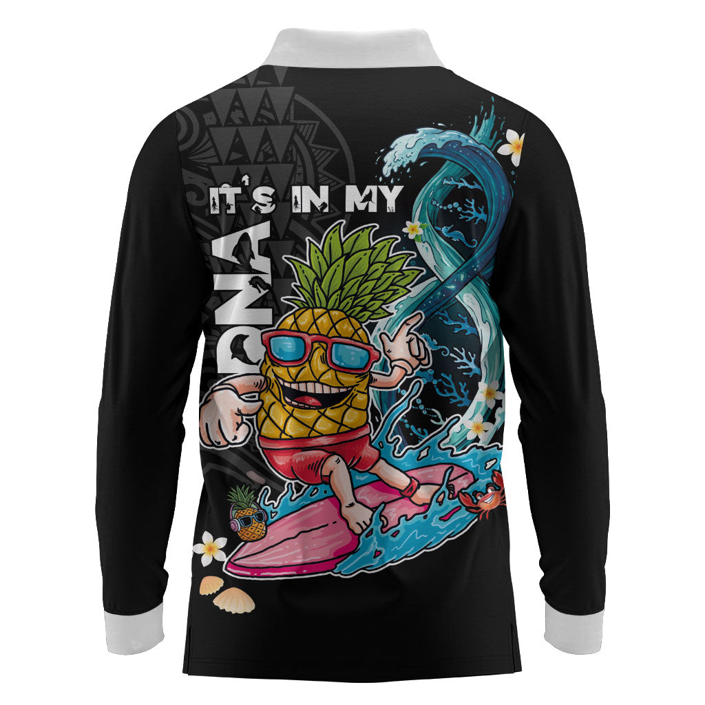 Hawaii Pineapple Surfing Long Sleeve Polo Shirt It's in My DNA - Kakau and Polynesian Pattern LT03 - Polynesian Pride