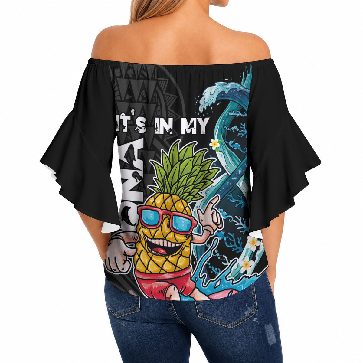 Hawaii Pineapple Surfing Off Shoulder Wrap Waist Top It's in My DNA - Kakau and Polynesian Pattern LT03 - Polynesian Pride
