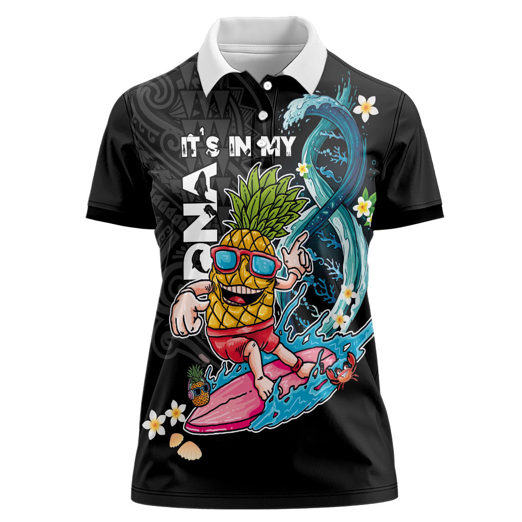 Hawaii Pineapple Surfing Women Polo Shirt It's in My DNA - Kakau and Polynesian Pattern LT03 Female Black - Polynesian Pride