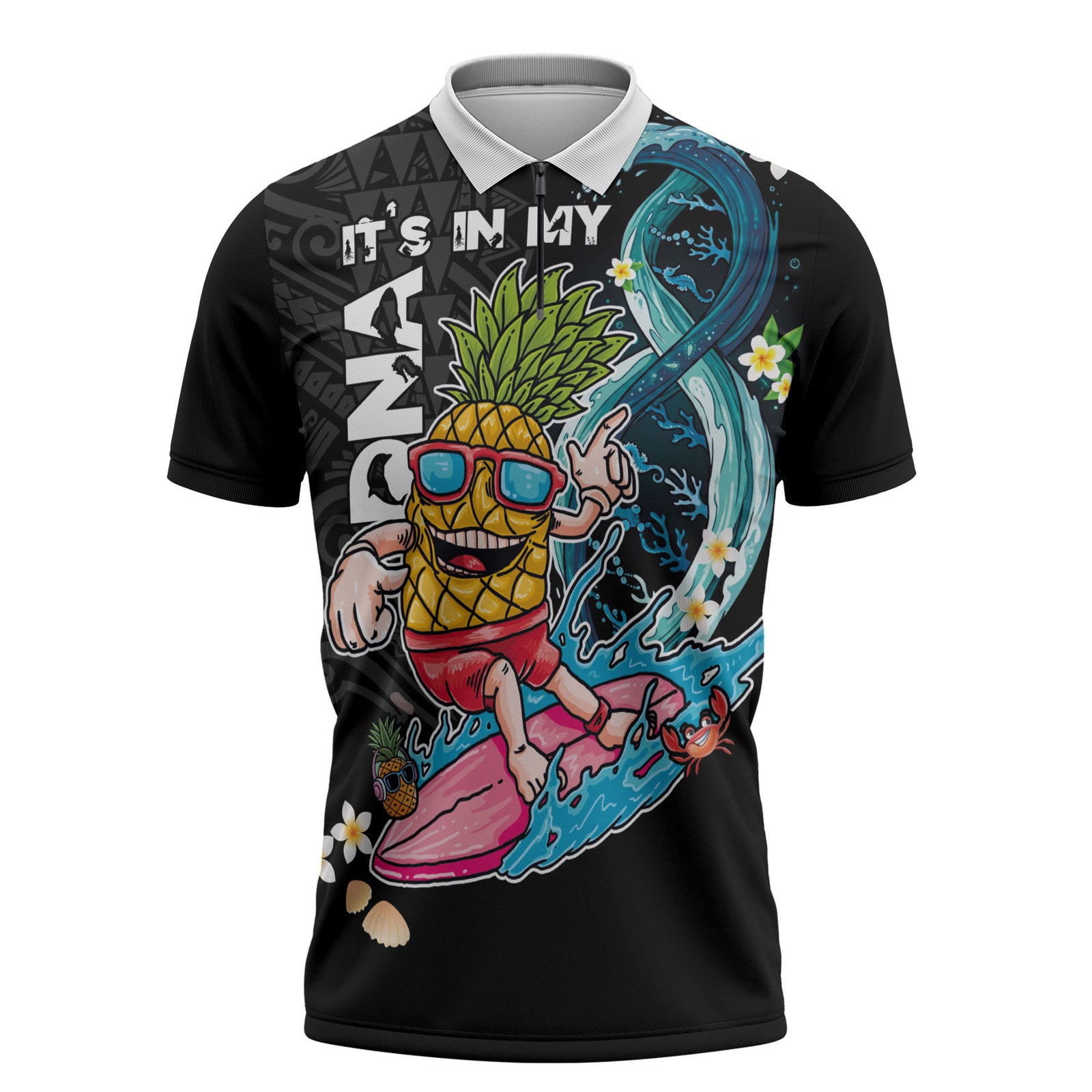 Hawaii Pineapple Surfing Zipper Polo Shirt It's in My DNA - Kakau and Polynesian Pattern LT03 Black - Polynesian Pride