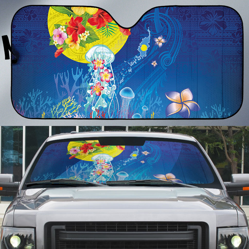 Palau Auto Sun Shade Jellyfish with Coral Reefs Ocean Vibe and Tapa Pattern LT03 Blue - Polynesian Pride