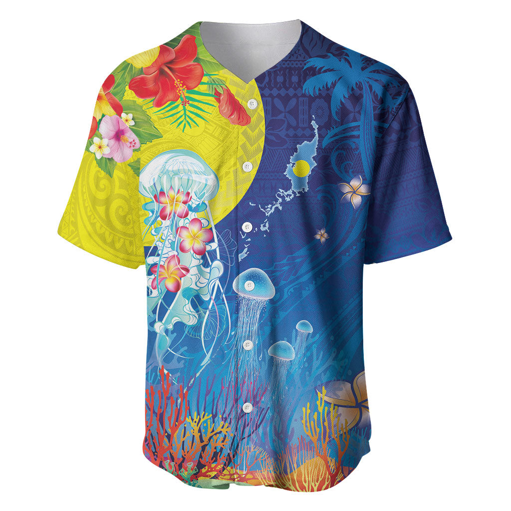 Palau Baseball Jersey Jellyfish with Coral Reefs Ocean Vibe and Tapa Pattern LT03 Blue - Polynesian Pride