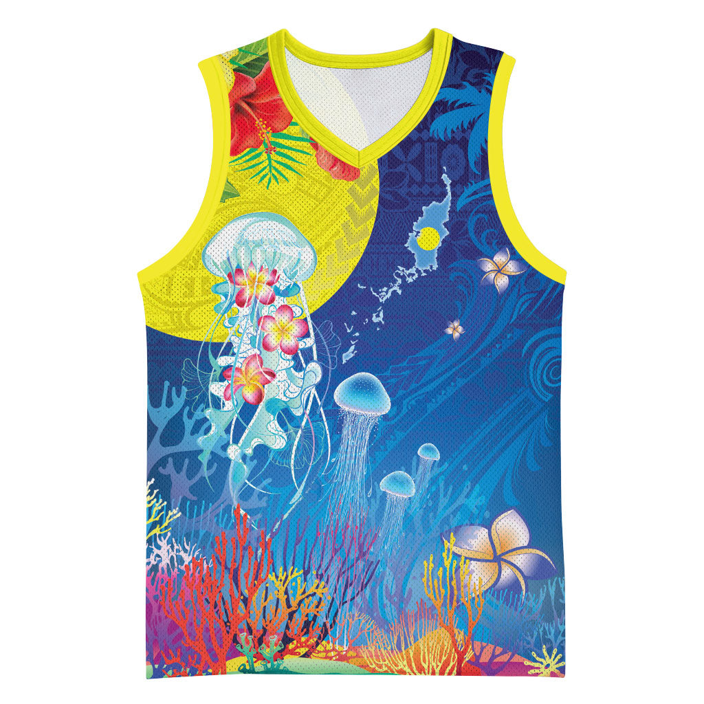 Palau Basketball Jersey Jellyfish with Coral Reefs Ocean Vibe and Tapa Pattern LT03 Unisex Blue - Polynesian Pride