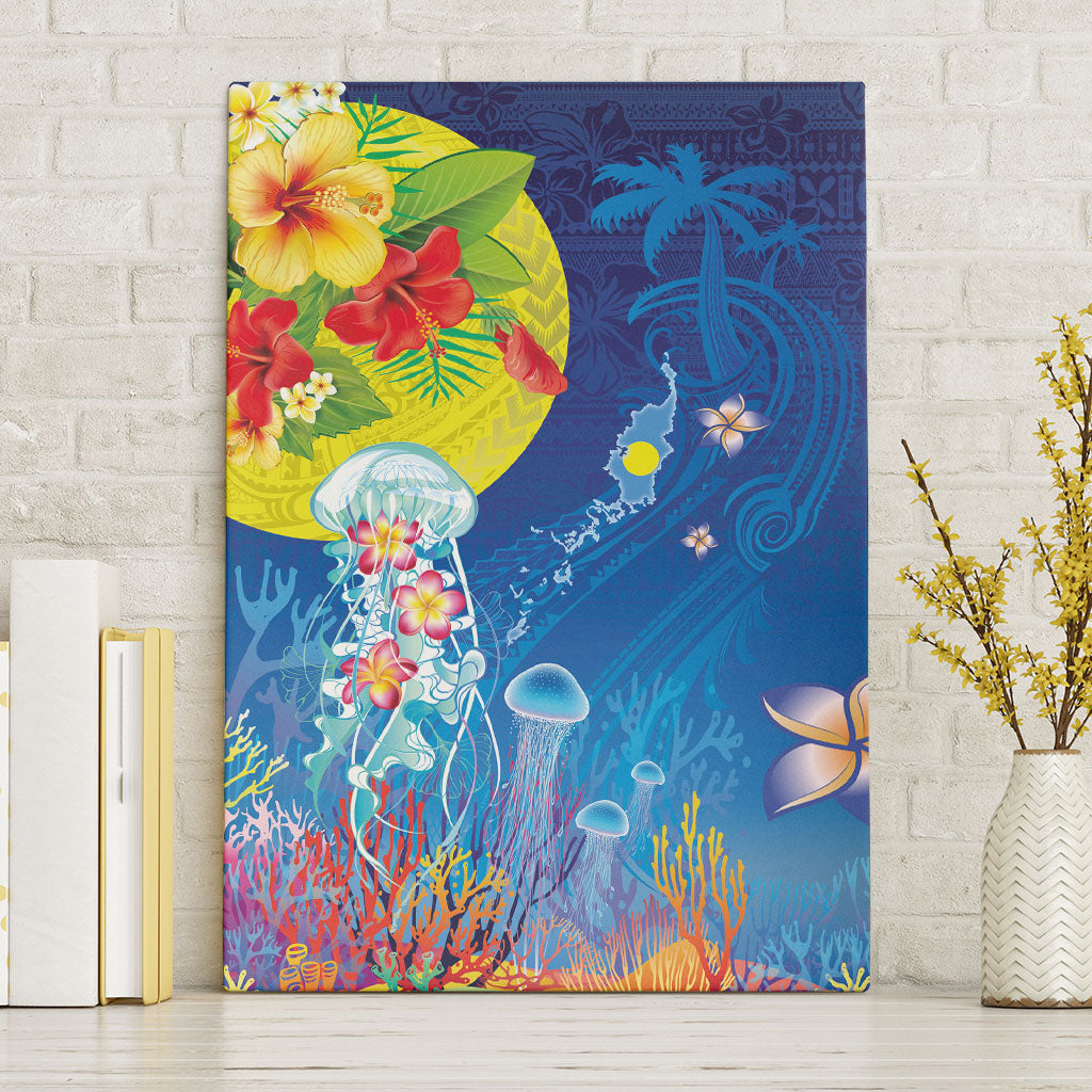 Palau Canvas Wall Art Jellyfish with Coral Reefs Ocean Vibe and Tapa Pattern LT03 Without Frame Blue - Polynesian Pride