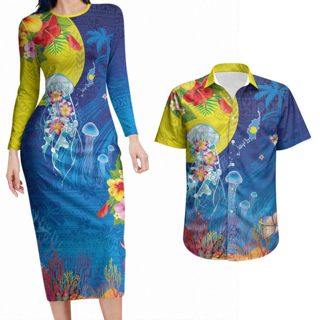 Palau Couples Matching Long Sleeve Bodycon Dress and Hawaiian Shirt Jellyfish with Coral Reefs Ocean Vibe and Tapa Pattern LT03 Blue - Polynesian Pride