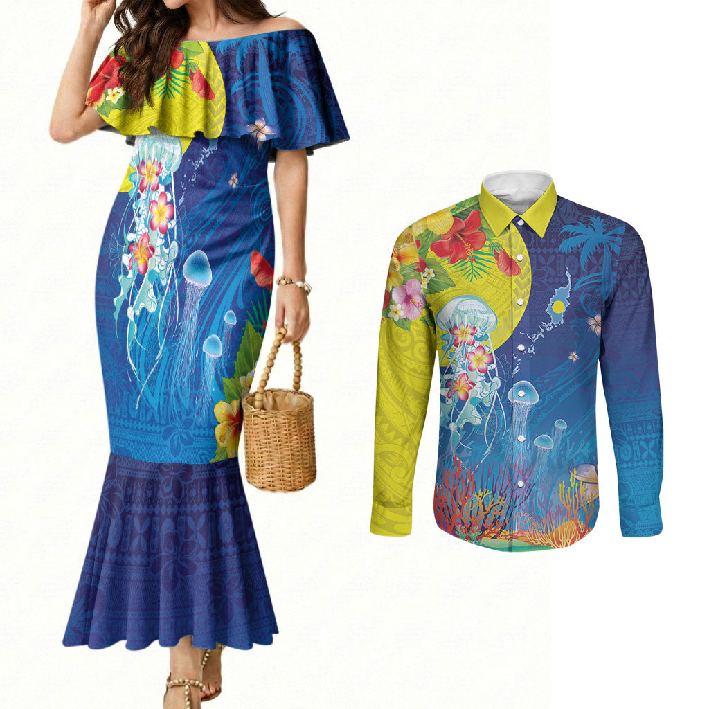 Palau Couples Matching Mermaid Dress and Long Sleeve Button Shirt Jellyfish with Coral Reefs Ocean Vibe and Tapa Pattern LT03 Blue - Polynesian Pride