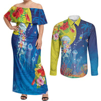 Palau Couples Matching Off Shoulder Maxi Dress and Long Sleeve Button Shirt Jellyfish with Coral Reefs Ocean Vibe and Tapa Pattern LT03 Blue - Polynesian Pride