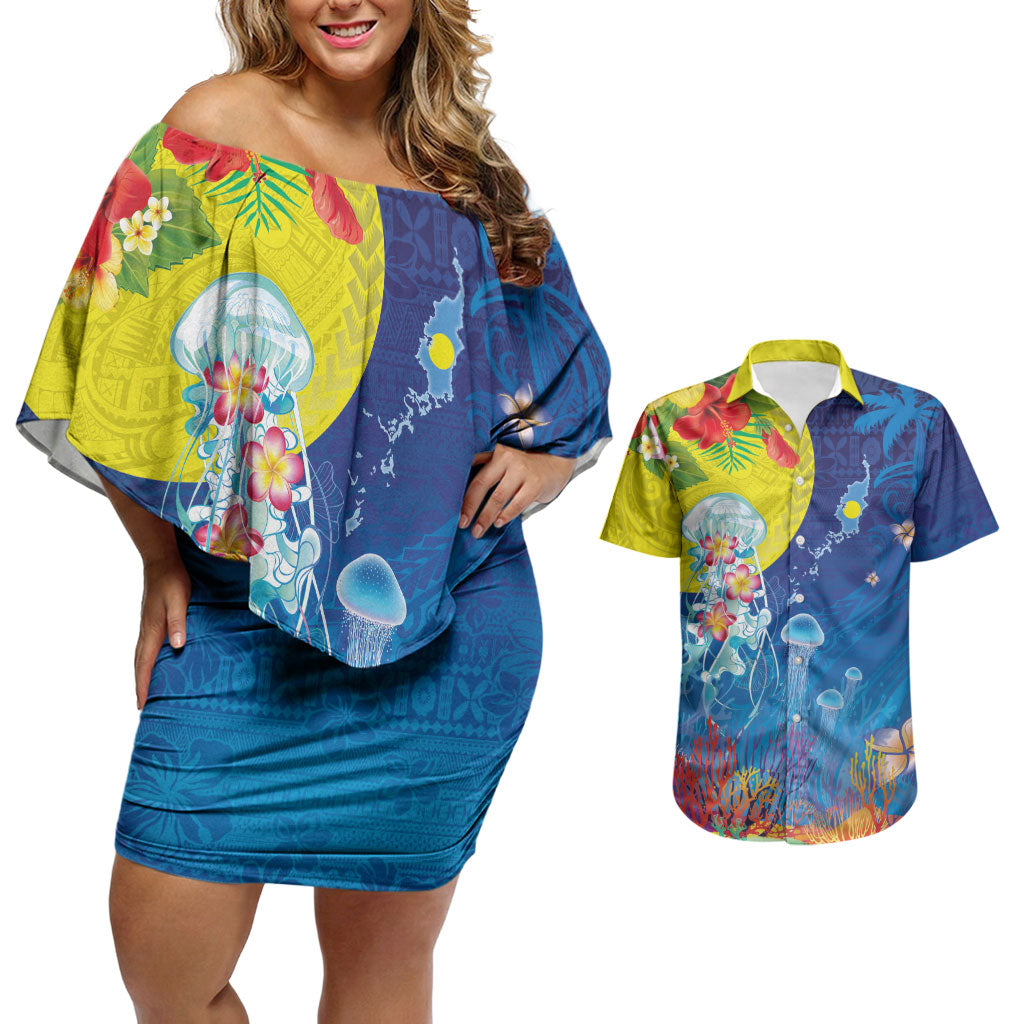 Palau Couples Matching Off Shoulder Short Dress and Hawaiian Shirt Jellyfish with Coral Reefs Ocean Vibe and Tapa Pattern LT03 Blue - Polynesian Pride