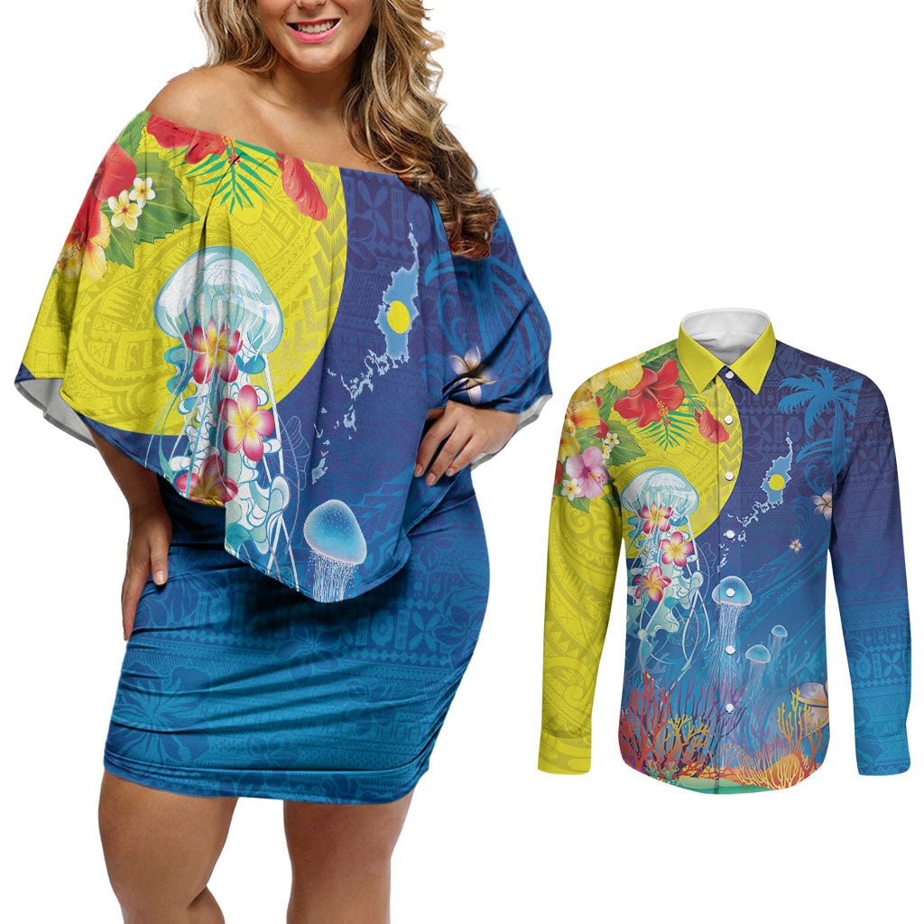 Palau Couples Matching Off Shoulder Short Dress and Long Sleeve Button Shirt Jellyfish with Coral Reefs Ocean Vibe and Tapa Pattern LT03 Blue - Polynesian Pride
