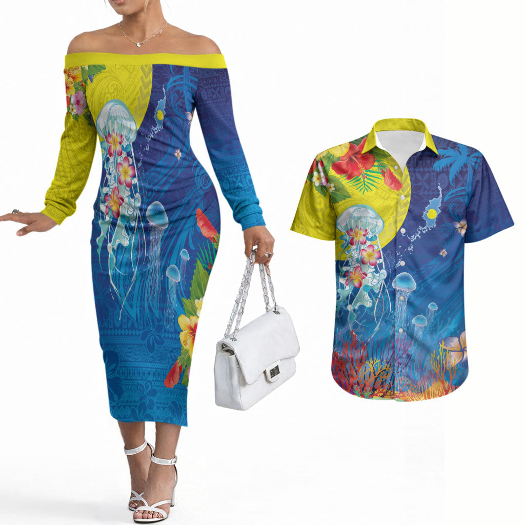 Palau Couples Matching Off The Shoulder Long Sleeve Dress and Hawaiian Shirt Jellyfish with Coral Reefs Ocean Vibe and Tapa Pattern LT03 Blue - Polynesian Pride