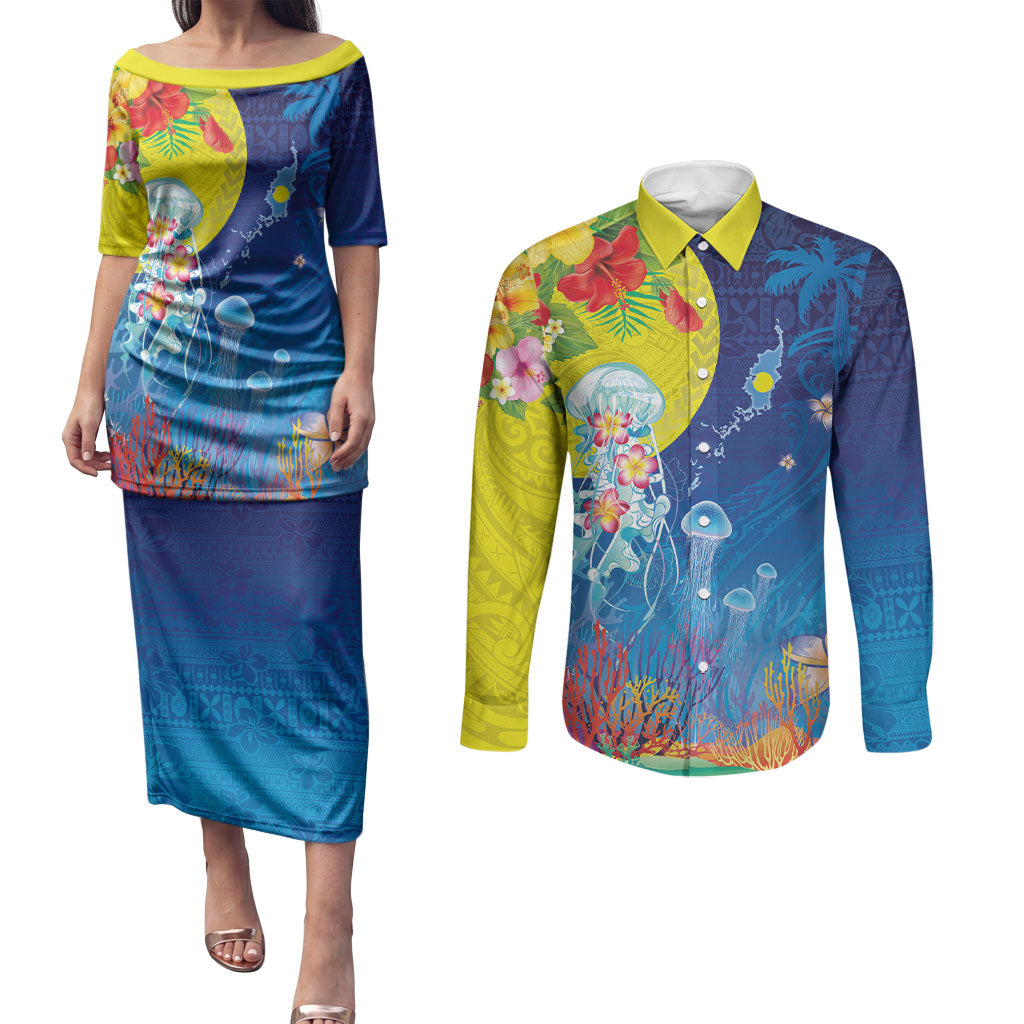 Palau Couples Matching Puletasi and Long Sleeve Button Shirt Jellyfish with Coral Reefs Ocean Vibe and Tapa Pattern LT03 Blue - Polynesian Pride