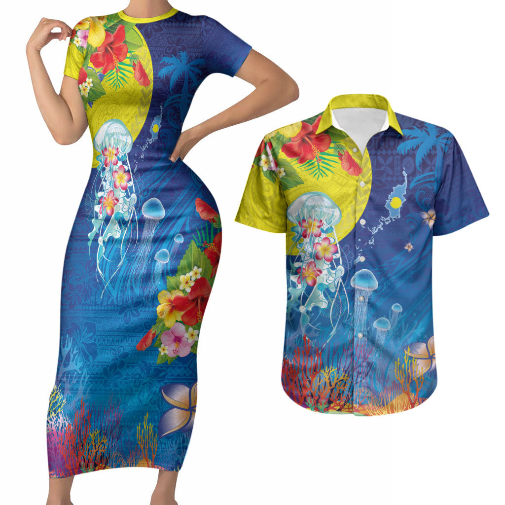 Palau Couples Matching Short Sleeve Bodycon Dress and Hawaiian Shirt Jellyfish with Coral Reefs Ocean Vibe and Tapa Pattern LT03 Blue - Polynesian Pride