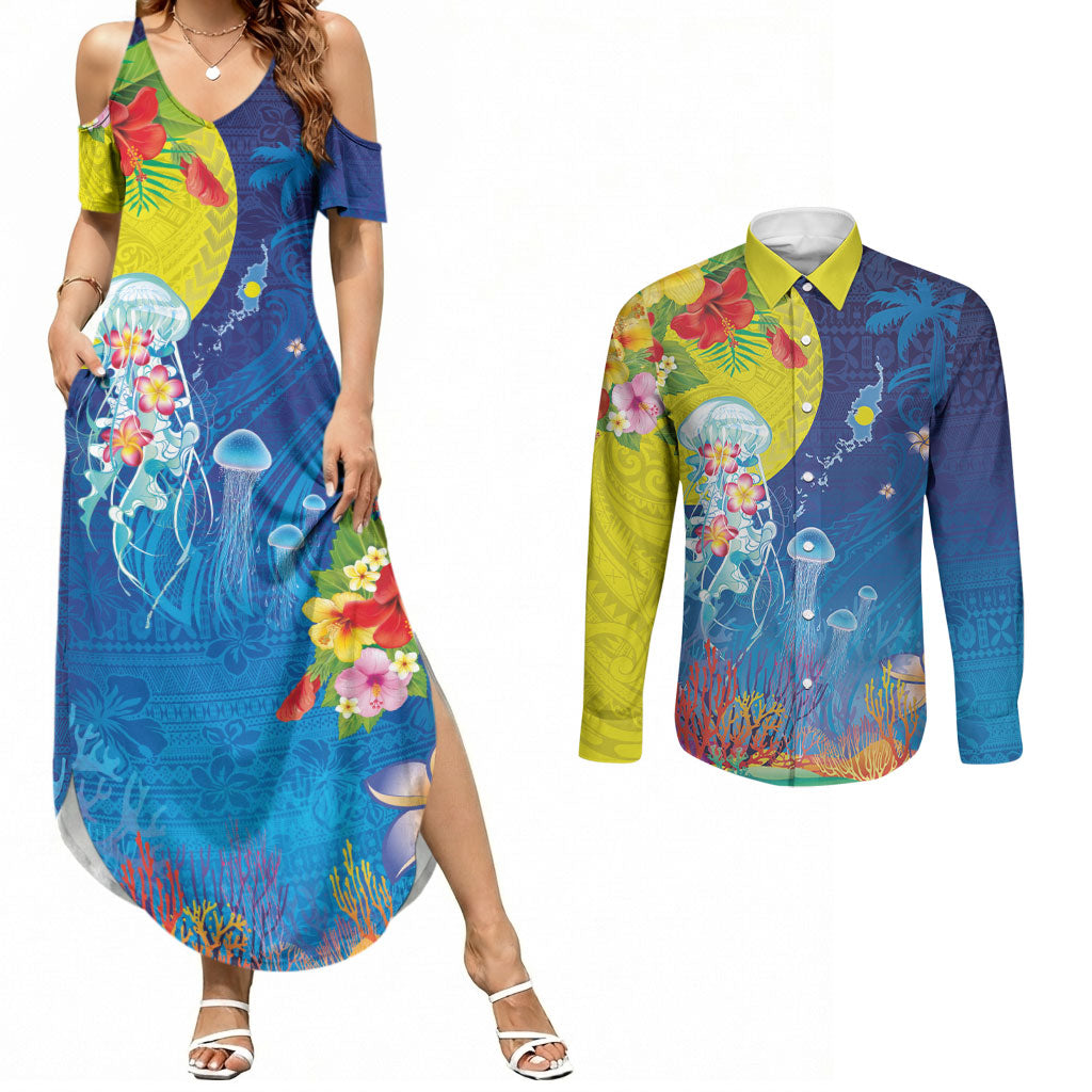 Palau Couples Matching Summer Maxi Dress and Long Sleeve Button Shirt Jellyfish with Coral Reefs Ocean Vibe and Tapa Pattern LT03 Blue - Polynesian Pride