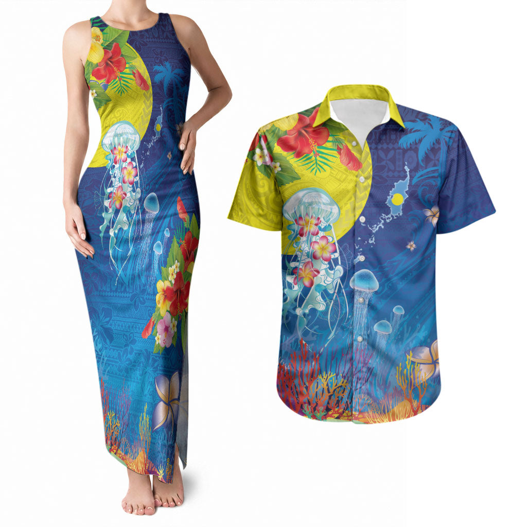 Palau Couples Matching Tank Maxi Dress and Hawaiian Shirt Jellyfish with Coral Reefs Ocean Vibe and Tapa Pattern LT03 Blue - Polynesian Pride