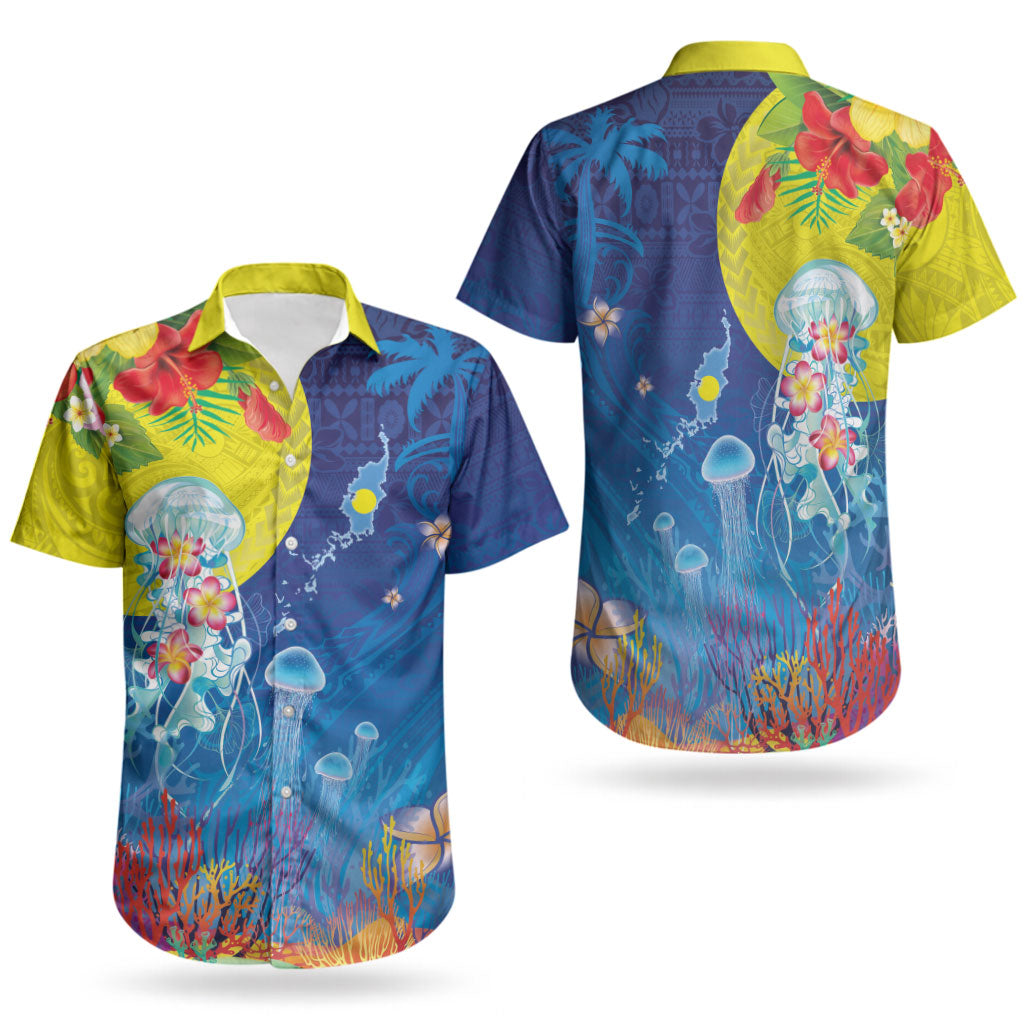 Palau Couples Matching Tank Maxi Dress and Hawaiian Shirt Jellyfish with Coral Reefs Ocean Vibe and Tapa Pattern LT03 - Polynesian Pride