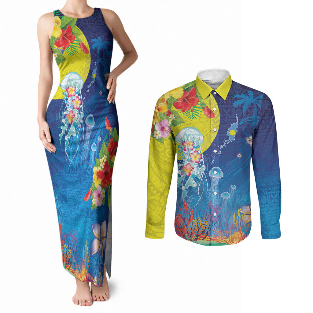 Palau Couples Matching Tank Maxi Dress and Long Sleeve Button Shirt Jellyfish with Coral Reefs Ocean Vibe and Tapa Pattern LT03 Blue - Polynesian Pride