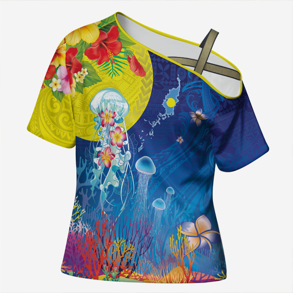 Palau Cross Shoulder Shirt Jellyfish with Coral Reefs Ocean Vibe and Tapa Pattern LT03 Female Blue - Polynesian Pride