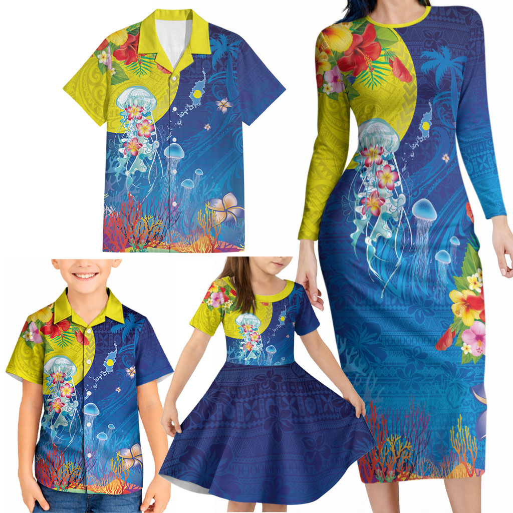 Palau Family Matching Long Sleeve Bodycon Dress and Hawaiian Shirt Jellyfish with Coral Reefs Ocean Vibe and Tapa Pattern LT03 - Polynesian Pride