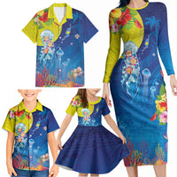 Palau Family Matching Long Sleeve Bodycon Dress and Hawaiian Shirt Jellyfish with Coral Reefs Ocean Vibe and Tapa Pattern LT03 - Polynesian Pride