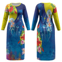 Palau Family Matching Long Sleeve Bodycon Dress and Hawaiian Shirt Jellyfish with Coral Reefs Ocean Vibe and Tapa Pattern LT03 Mom's Dress Blue - Polynesian Pride